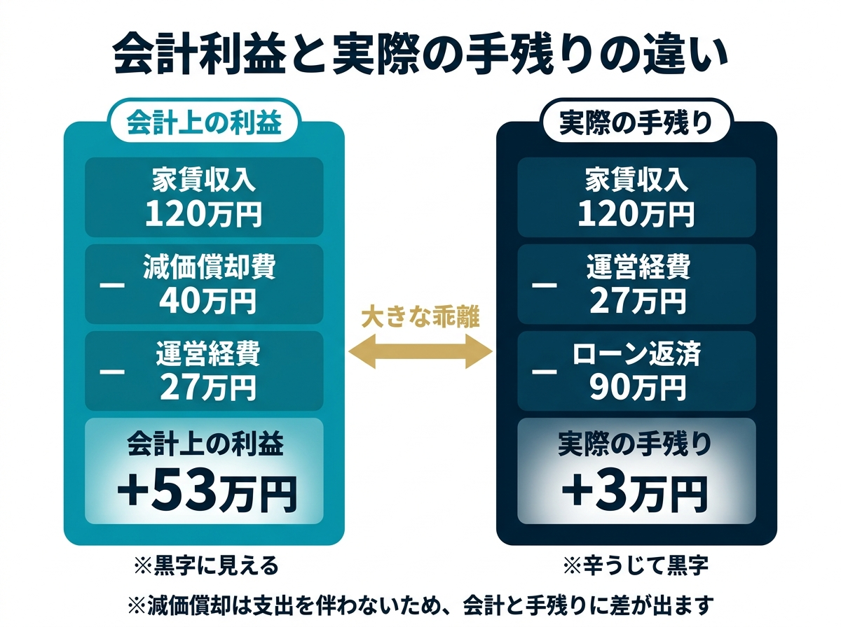 ③ 6画像案：会計上の利益と実際の現金残高がずれていくイメージ図