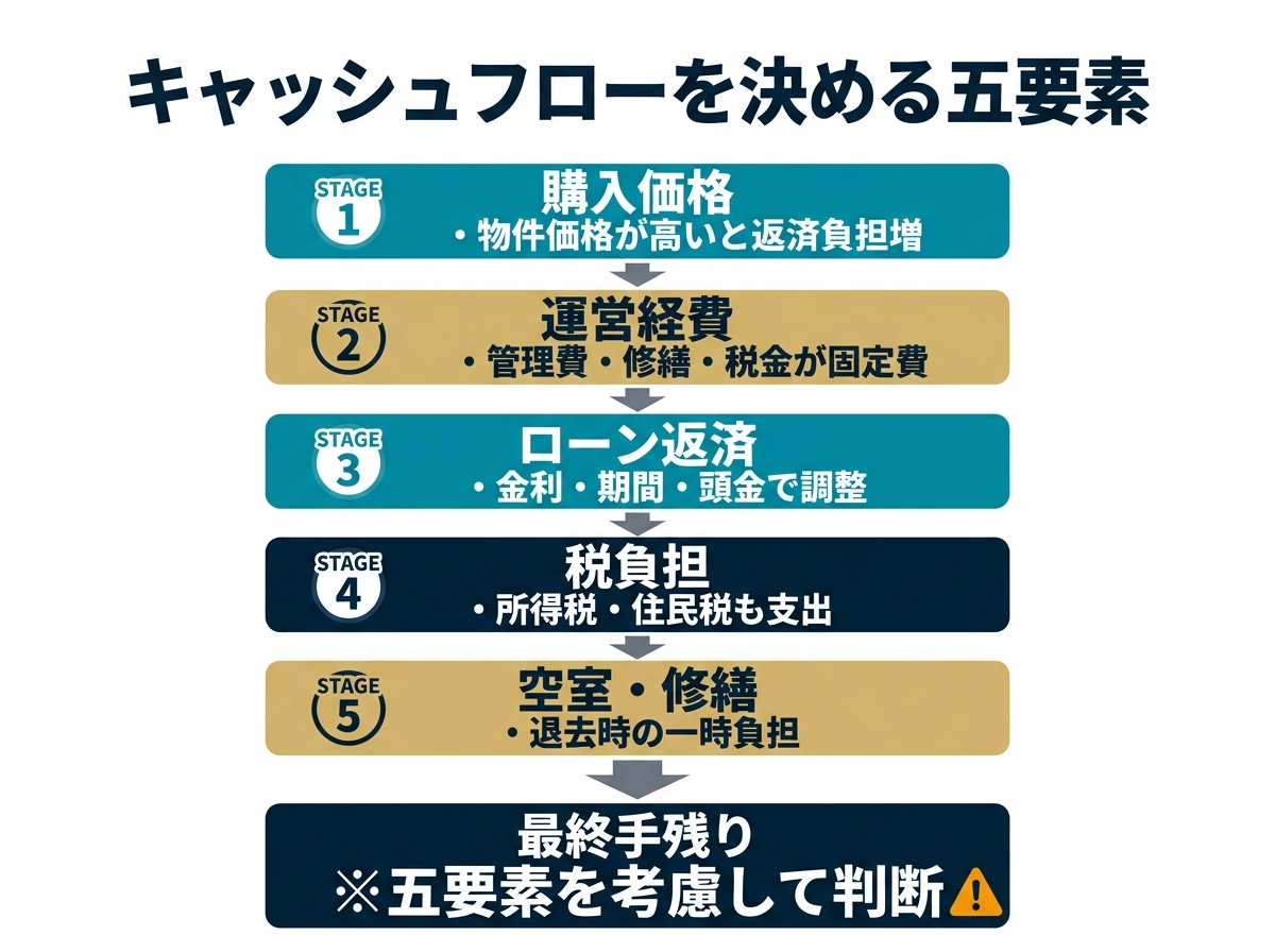③ 6画像案：価格、経費、返済、税務、空室の五要素がキャッシュフローにどう影響するかをまとめた最終整理図