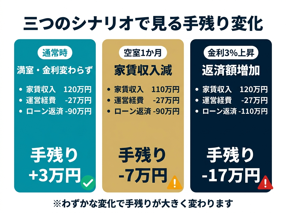 ③ 6画像案：現状、空室発生時、金利上昇時の三つのキャッシュフローを比較する図