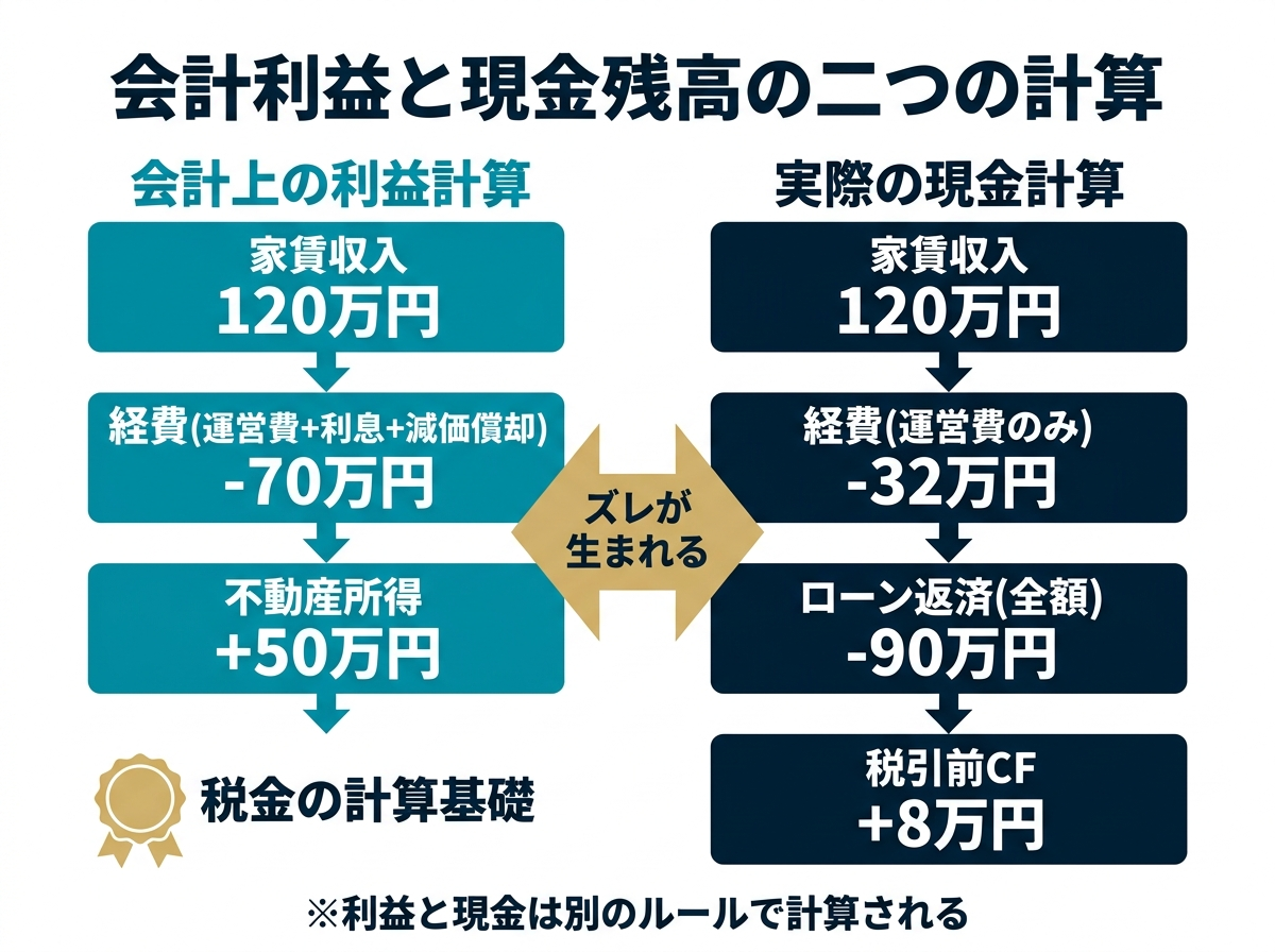 ③ 7画像案：会計上の利益と実際の現金残高が別ルートで計算されることを示す二本立ての図