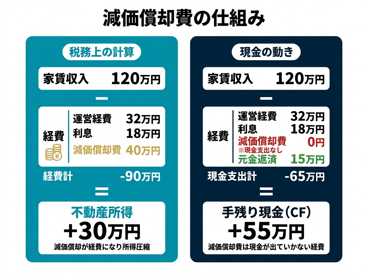 ③ 7画像案：減価償却費は経費になるが現金支出を伴わないことを示す図