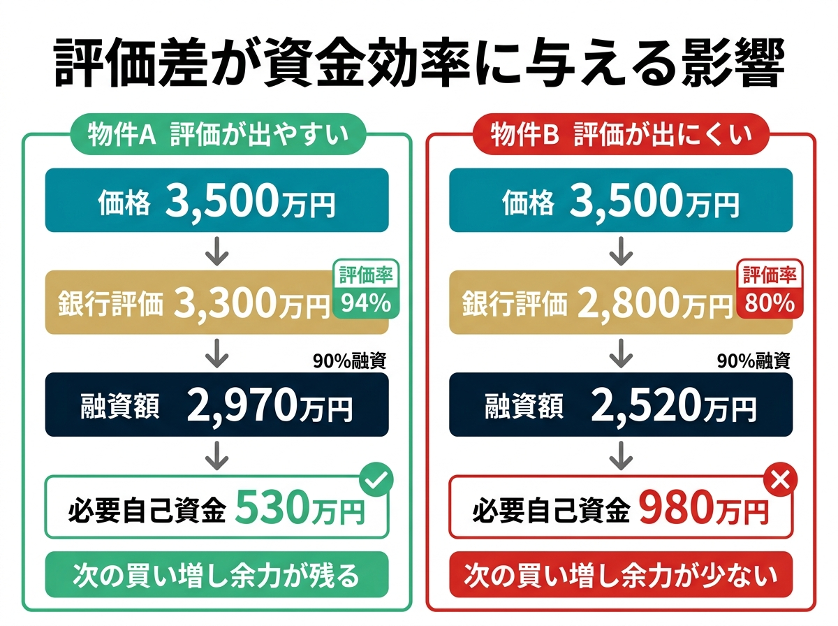 ③ 8画像案：同じ価格帯の二物件で、評価差によって必要自己資金が変わる比較図