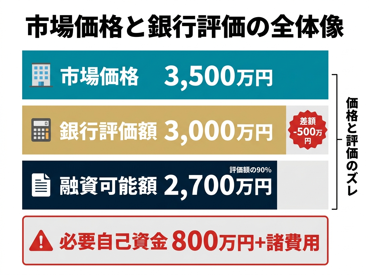 ③ 8画像案：市場価格、銀行評価額、融資額、必要自己資金の違いを一目で示す全体図