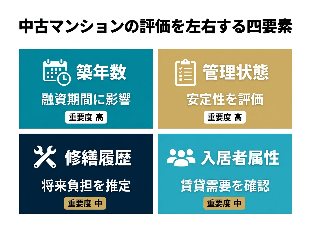 ③ 8画像案：築年数、管理状態、修繕履歴、賃貸需要の四要素が評価に影響する図