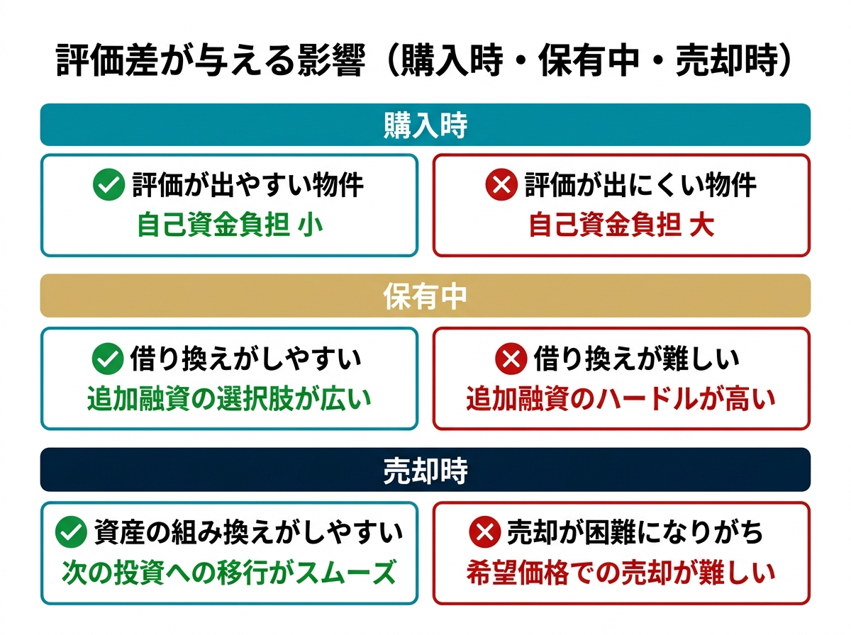 ③ 8画像案：購入時、保有中、売却時で評価差が与える影響を整理した図