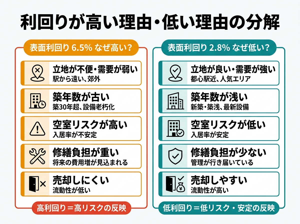 ③ 9画像案：利回りが高い理由と低い理由を分解して見せる比較図