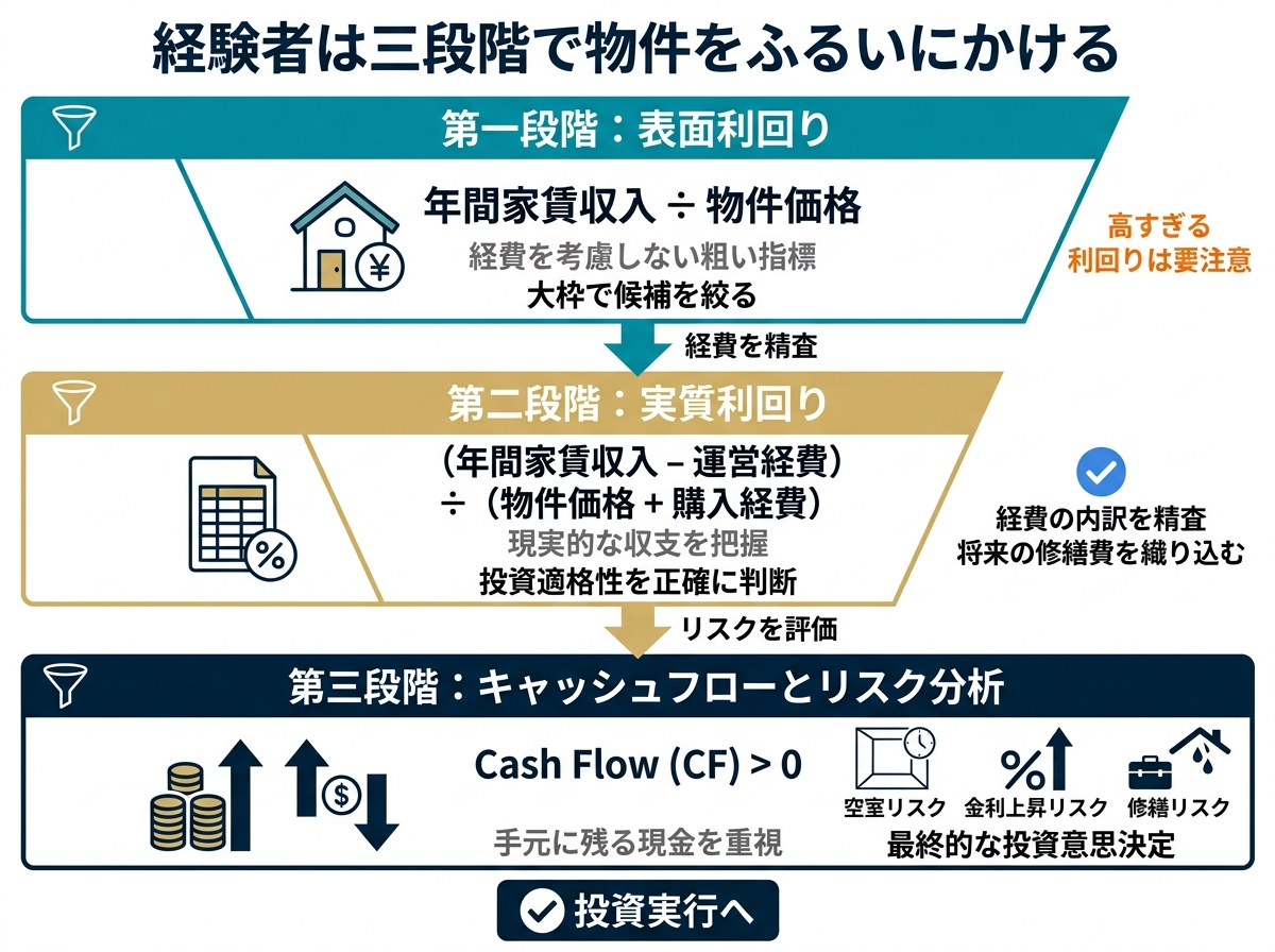 ③ 9画像案：表面、実質、返済後の三段階で物件をふるいにかける図