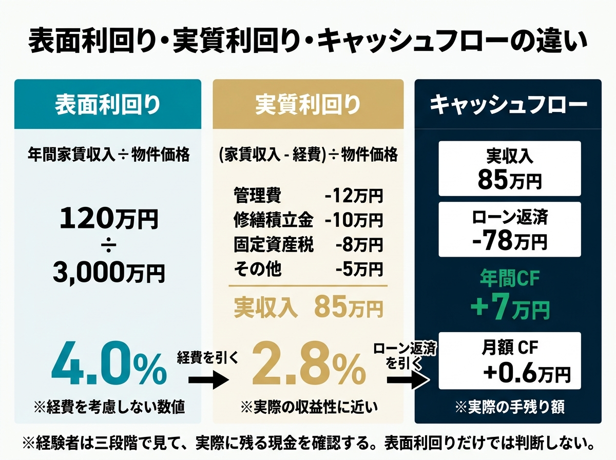 ③ 9画像案：表面利回り、実質利回り、キャッシュフローの違いを一枚で示す全体図