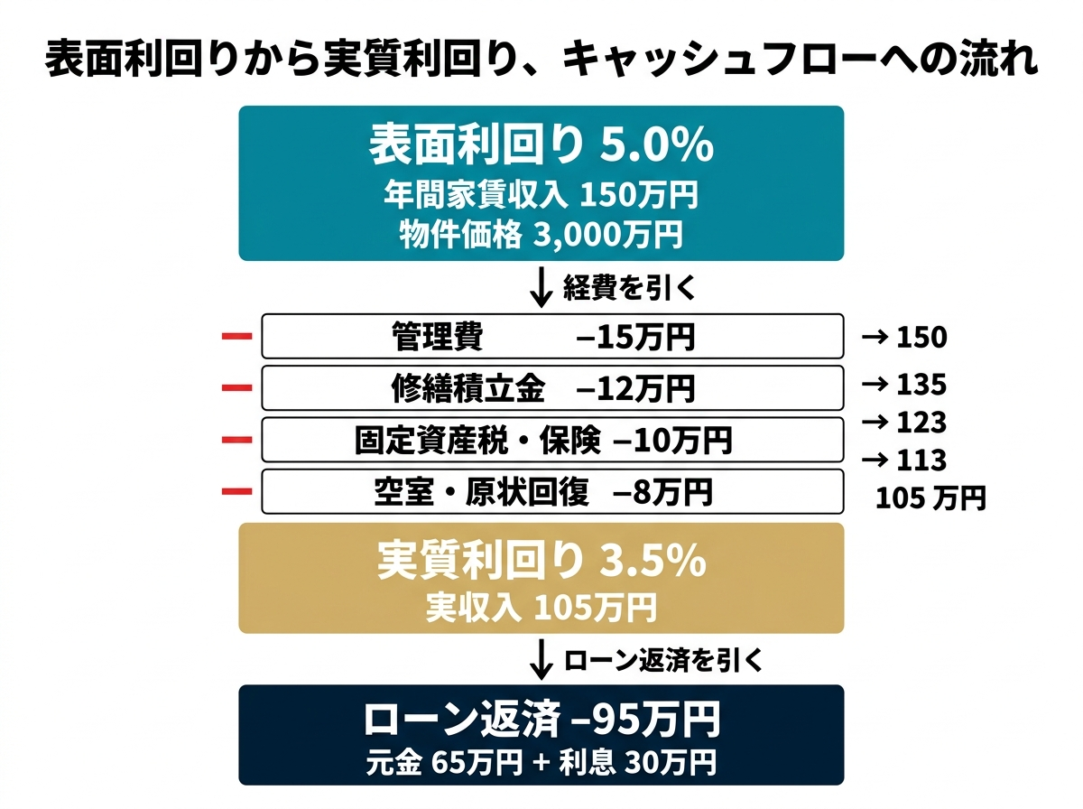 ③ 9画像案：表面利回りから実質利回り、さらにキャッシュフローへ落ちる流れを示す図