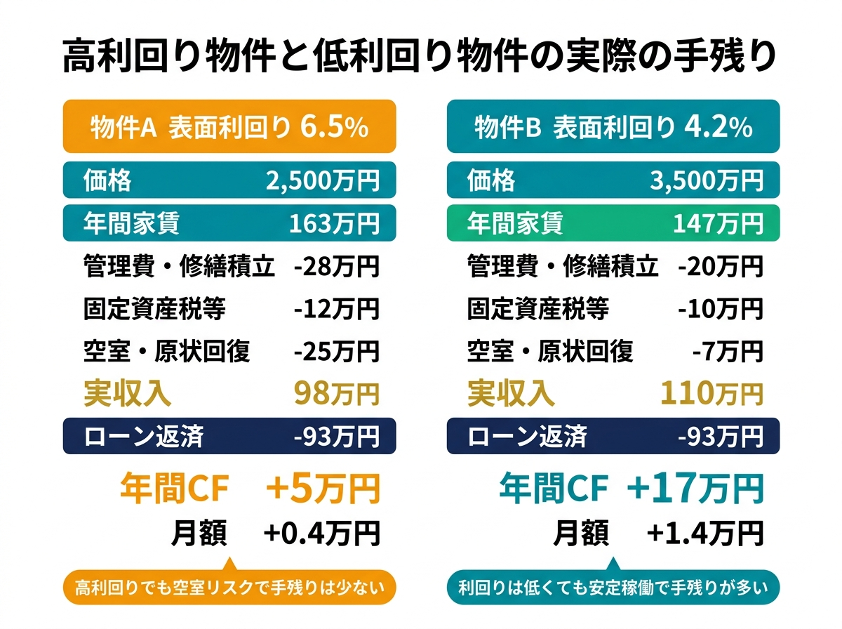③ 9画像案：高利回り物件と低利回り物件を並べ、実際の手残りが逆転することを示す図