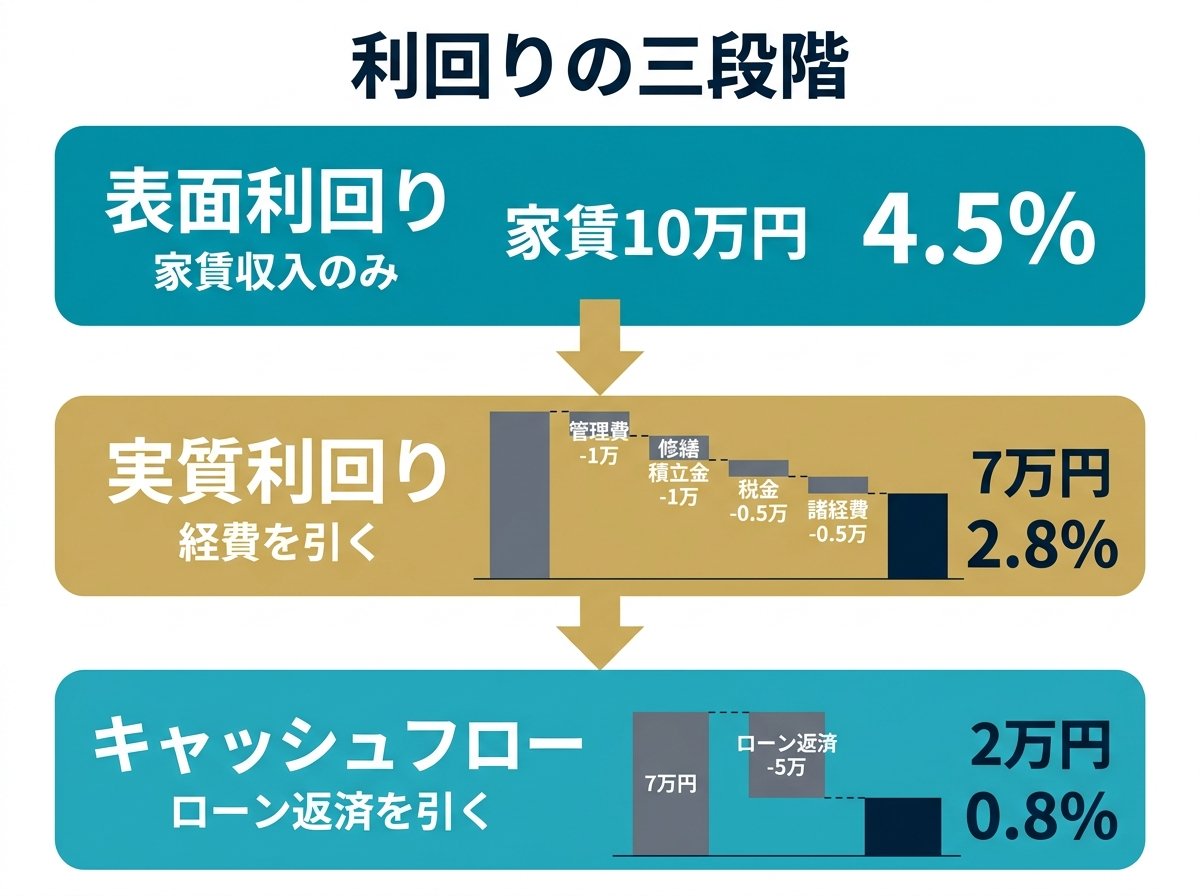 ③画像案：表面利回り、実質利回り、キャッシュフローの関係を一枚で示す全体俯瞰図。家賃収入から各費用が差し引かれていく流れを可視化する図