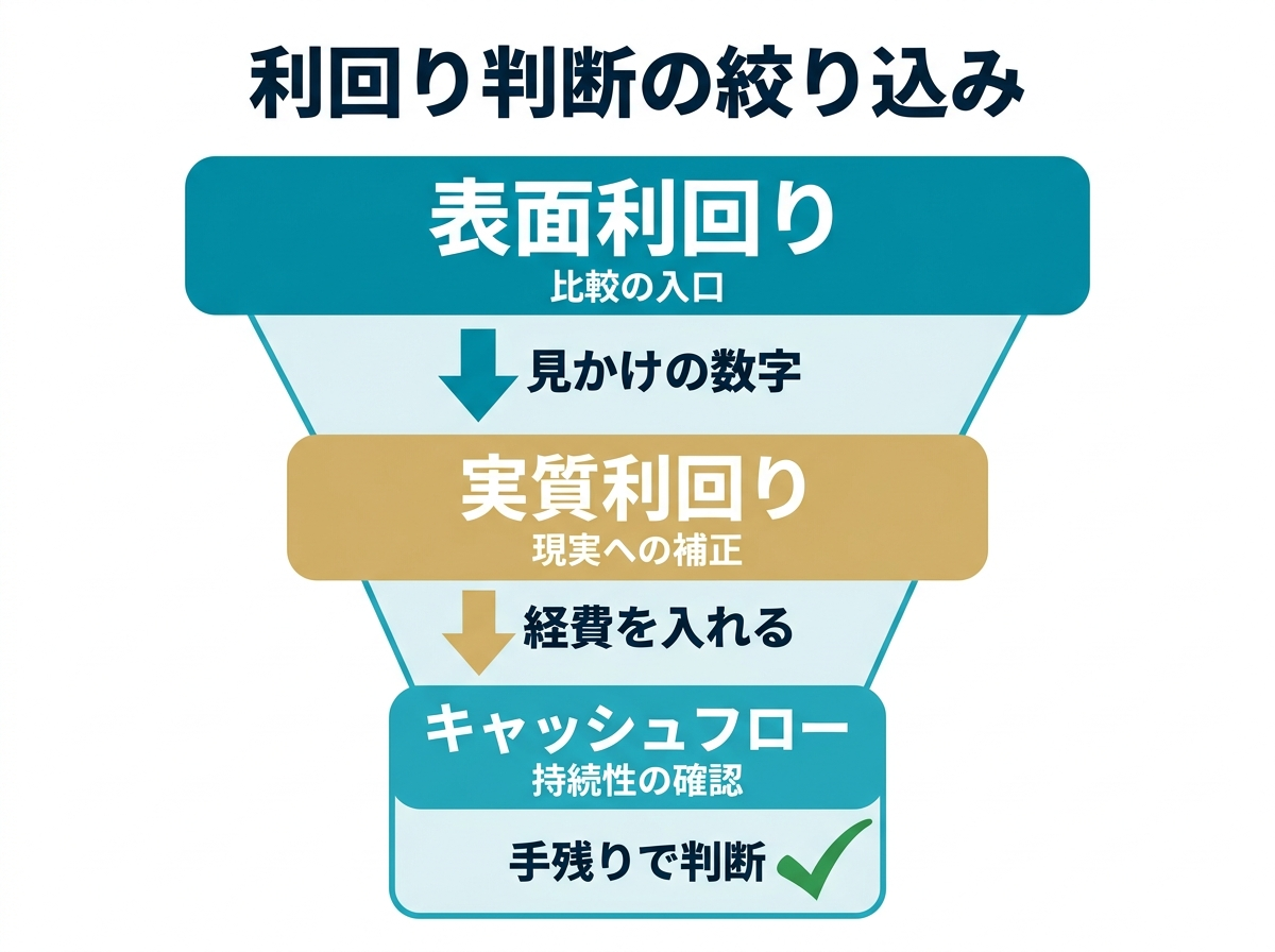 ③画像案：表面利回りから実質利回り、さらにキャッシュフローへ絞り込む判断フロー図