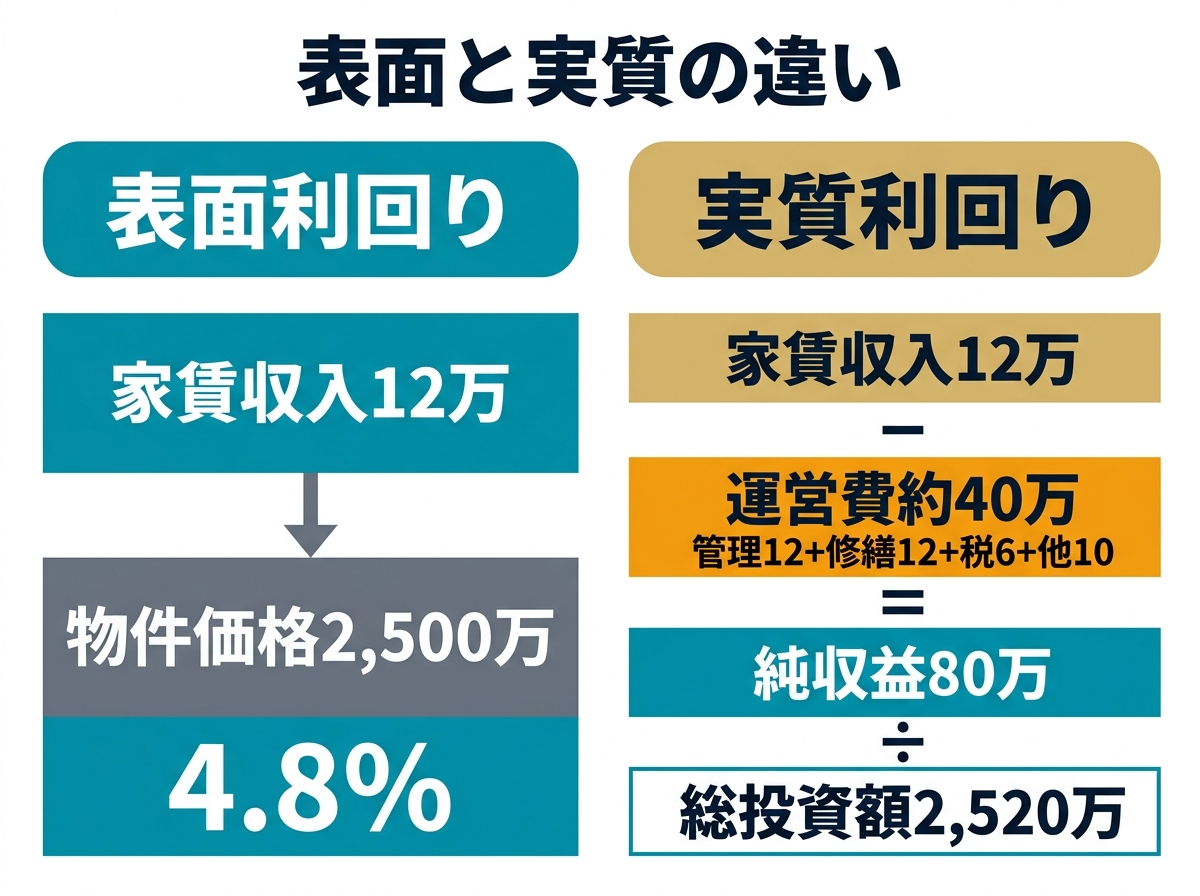 ③画像案：表面利回りと実質利回りの違いを示す図